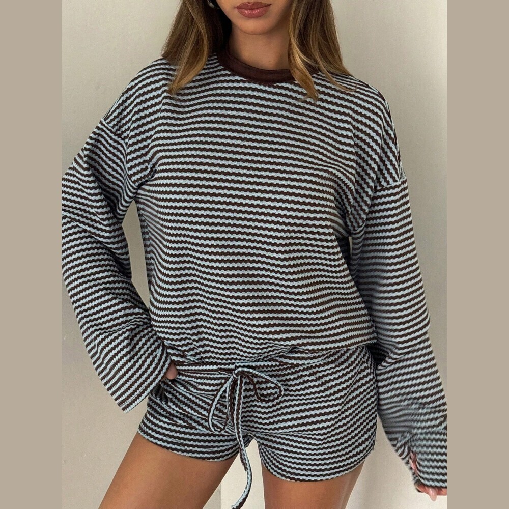 Brown and White Striped Ribbed Knit Long Sleeve Top and Drawstring Shorts Set